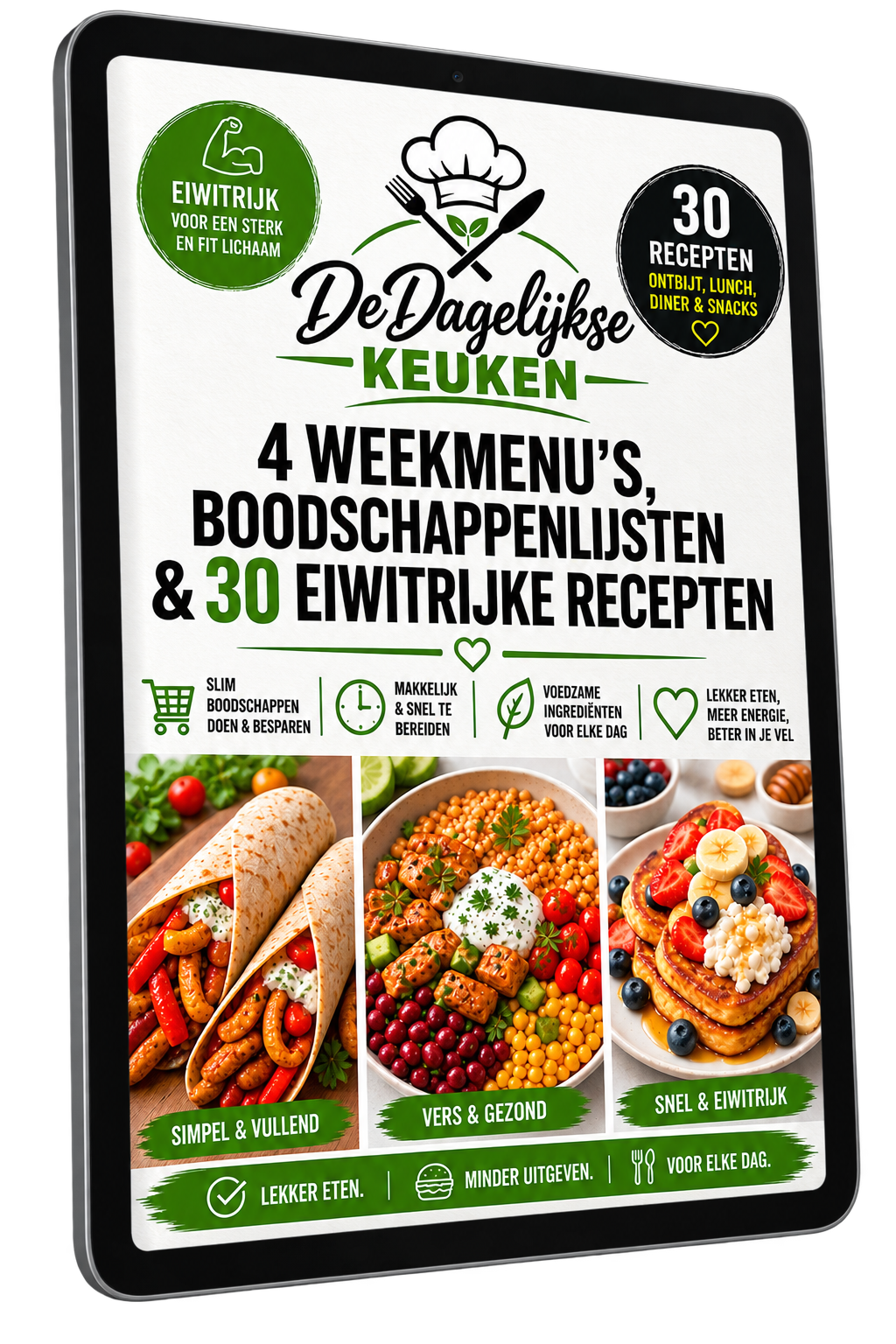 De Dagelijkse Keuken tablet mockup met 4 weekmenu's, boodschappenlijsten en 30 eiwitrijke recepten